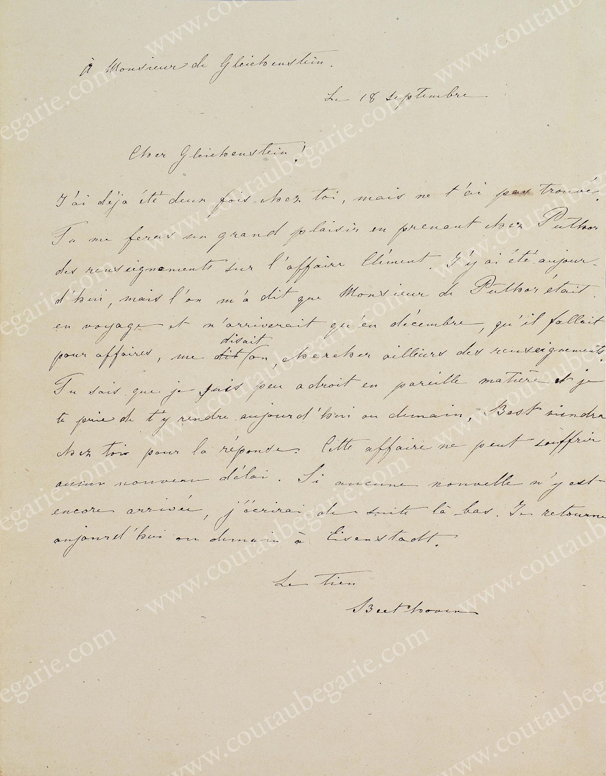 BEETHOVEN Louis (1770-1827). Lettre autographe signée Ludwig adressée à Monsieur de Gleichenstein, - Image 4 of 4