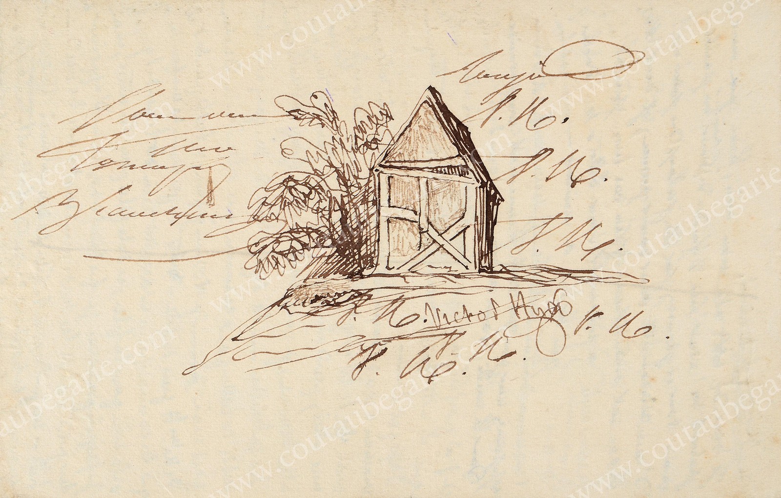 HUGO Victor (1802-1885). Dessin à l’encre brune fait par l’auteur, représentant une petite maison en