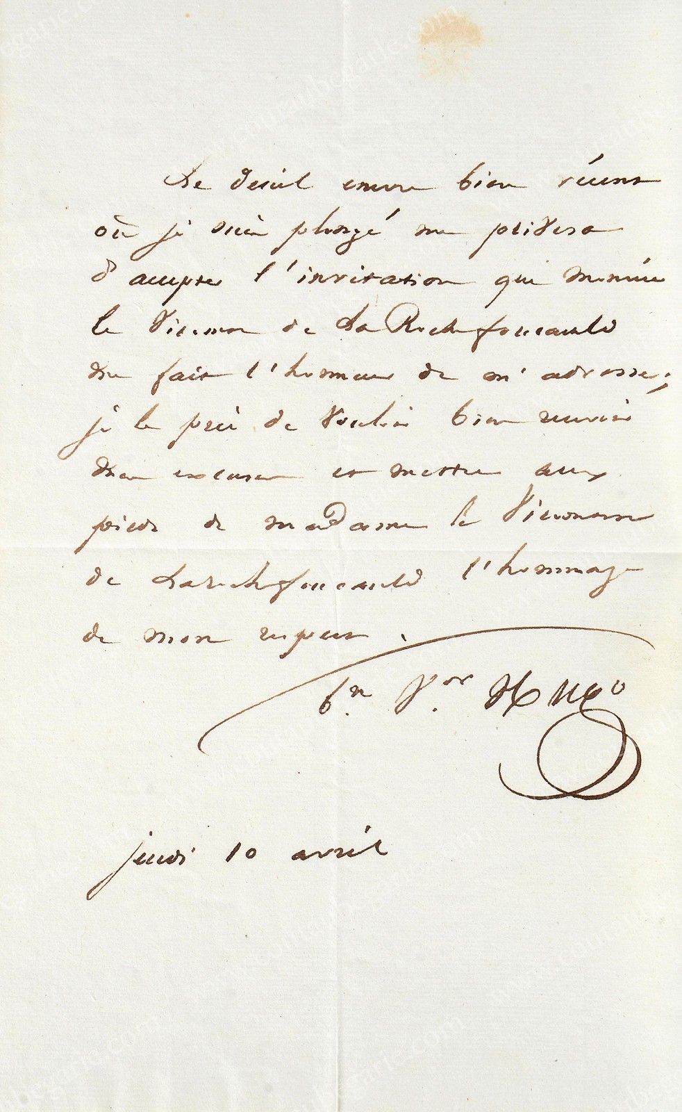 HUGO Victor (1802-1885). Lettre autographe signée V. Hugo, adressée au Vicomte Sosthène de la