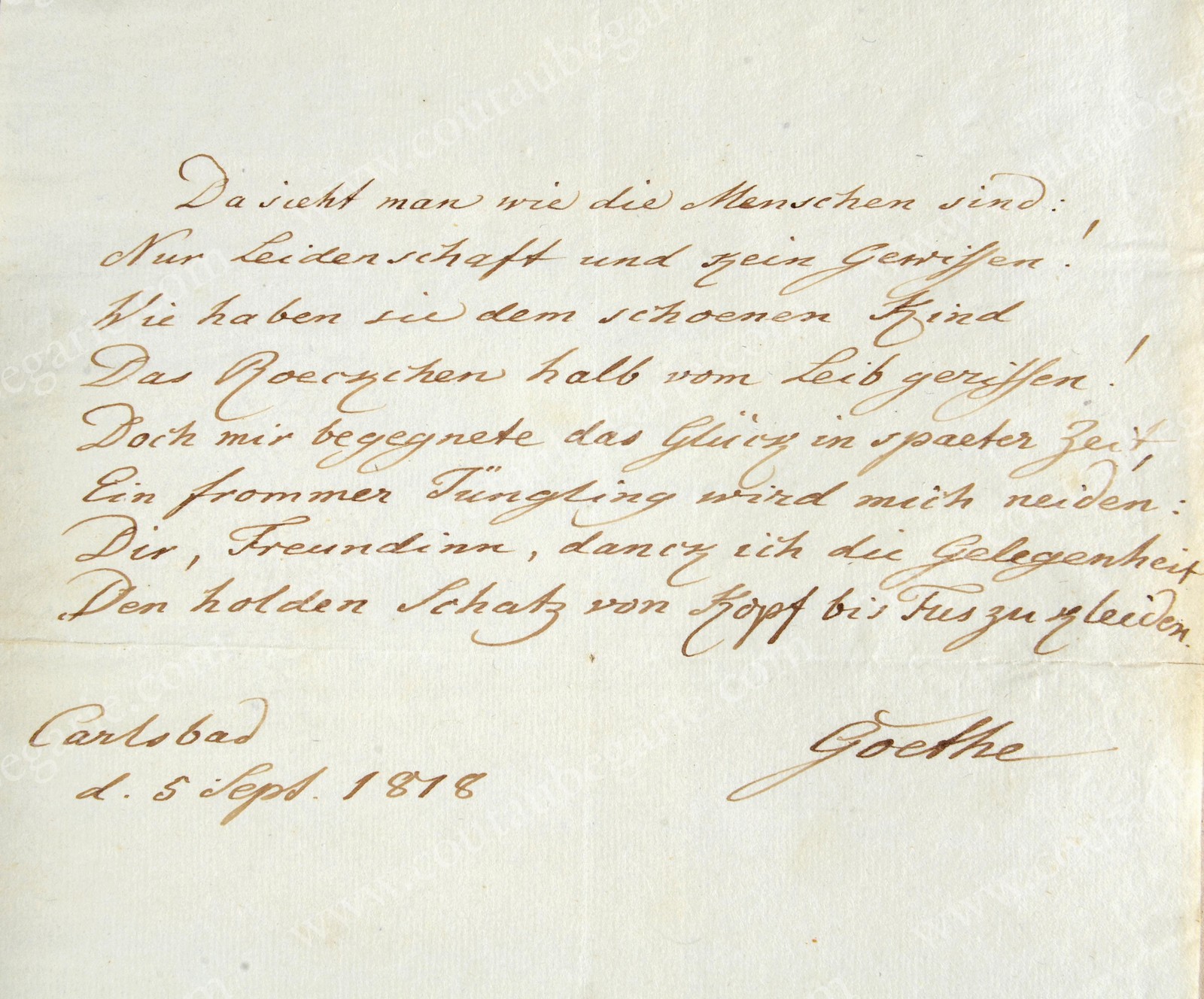 GOETHE Johann Wolfgang von (1794-1832). Pièce autographe de huit vers écrite et signée Goethe,