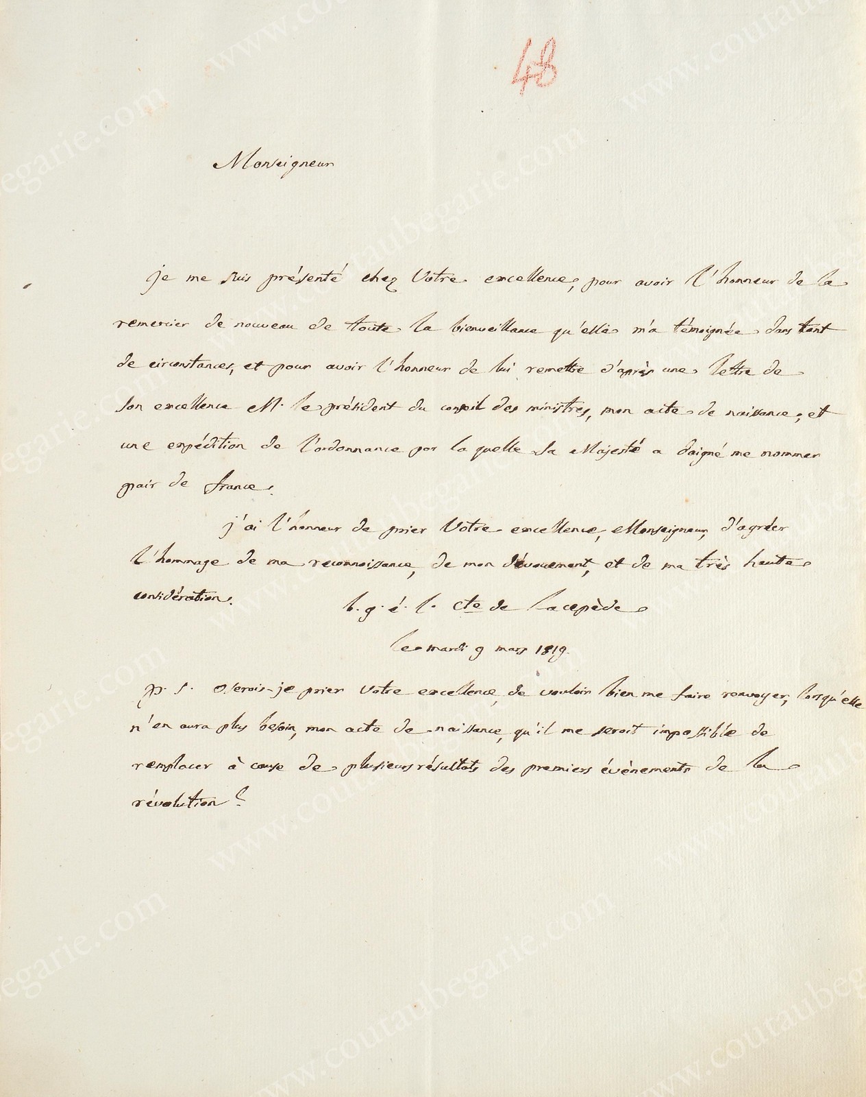 LACEPEDE Bernard-Germain, Comte de (1756-1825), chancelier de la légion d’honneur. Lettre autographe