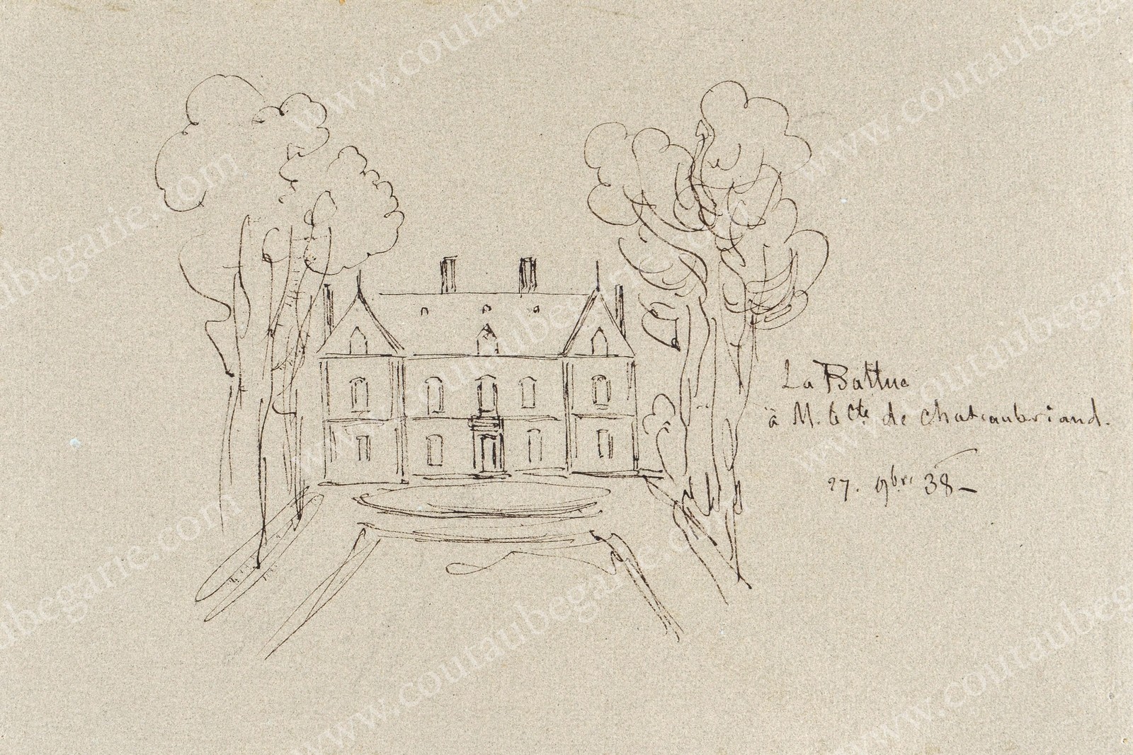 BEAUCHESNE Alcide, Vicomte de (1804-1873). Vue de La Battue, château de Chateaubriand. Dessin à l’