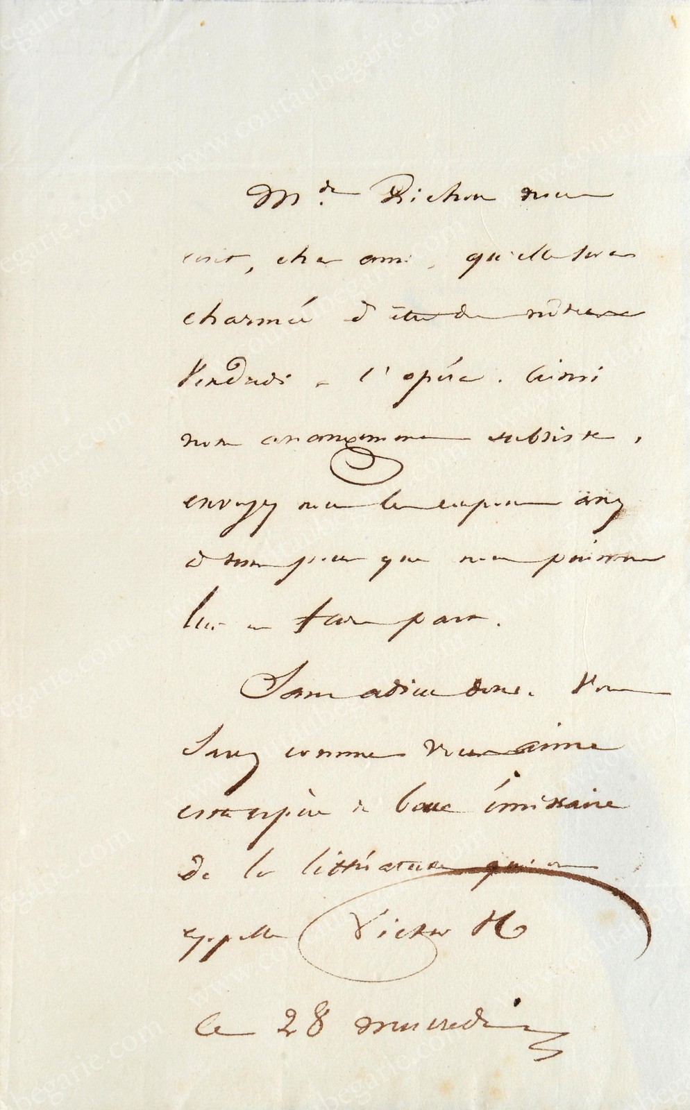 HUGO Victor (1802-1885). Lettre autographe signée Victor H, adressée au Vicomte Alcide de Beauchesne