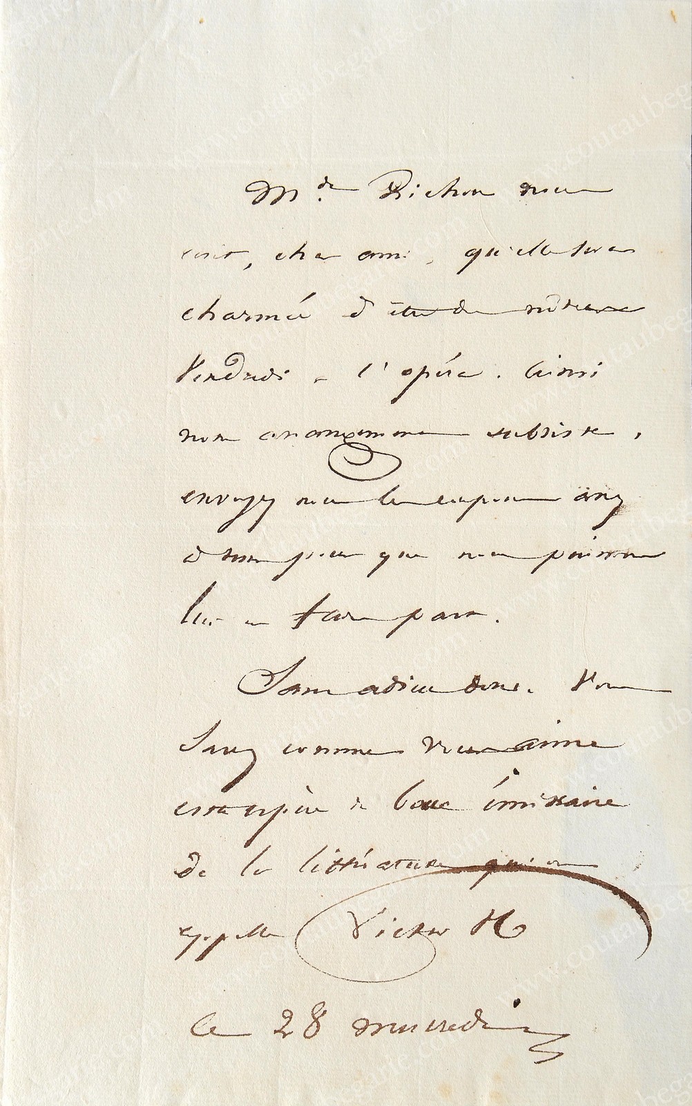 HUGO Victor (1802-1885). Lettre autographe signée Victor H, adressée au Vicomte Alcide de Beauchesne - Image 2 of 2