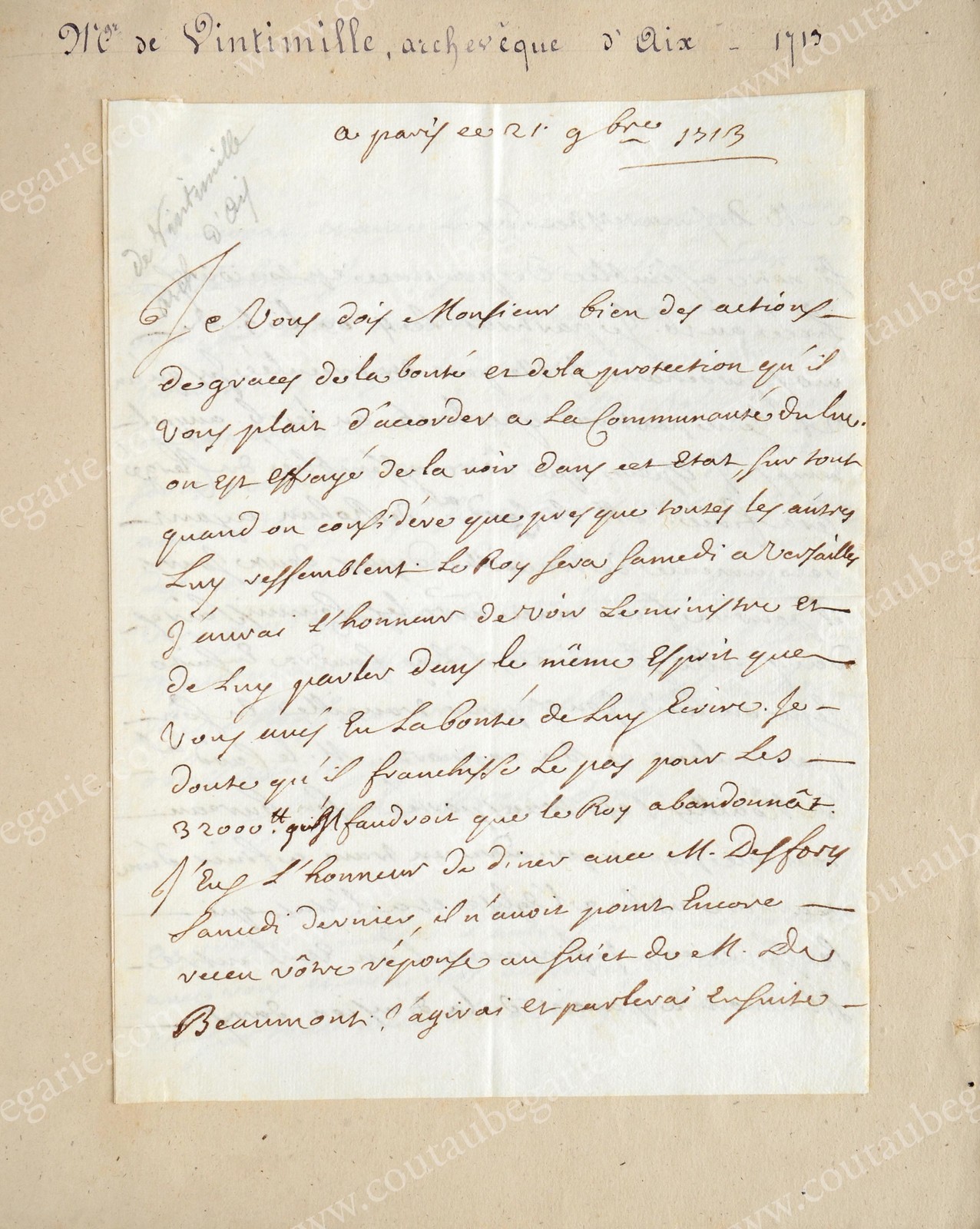 VINTIMILLE, Charles-Gaspar Archevêque d’Aix (1655-1746). Lettre manuscrite signée Charles arche d’