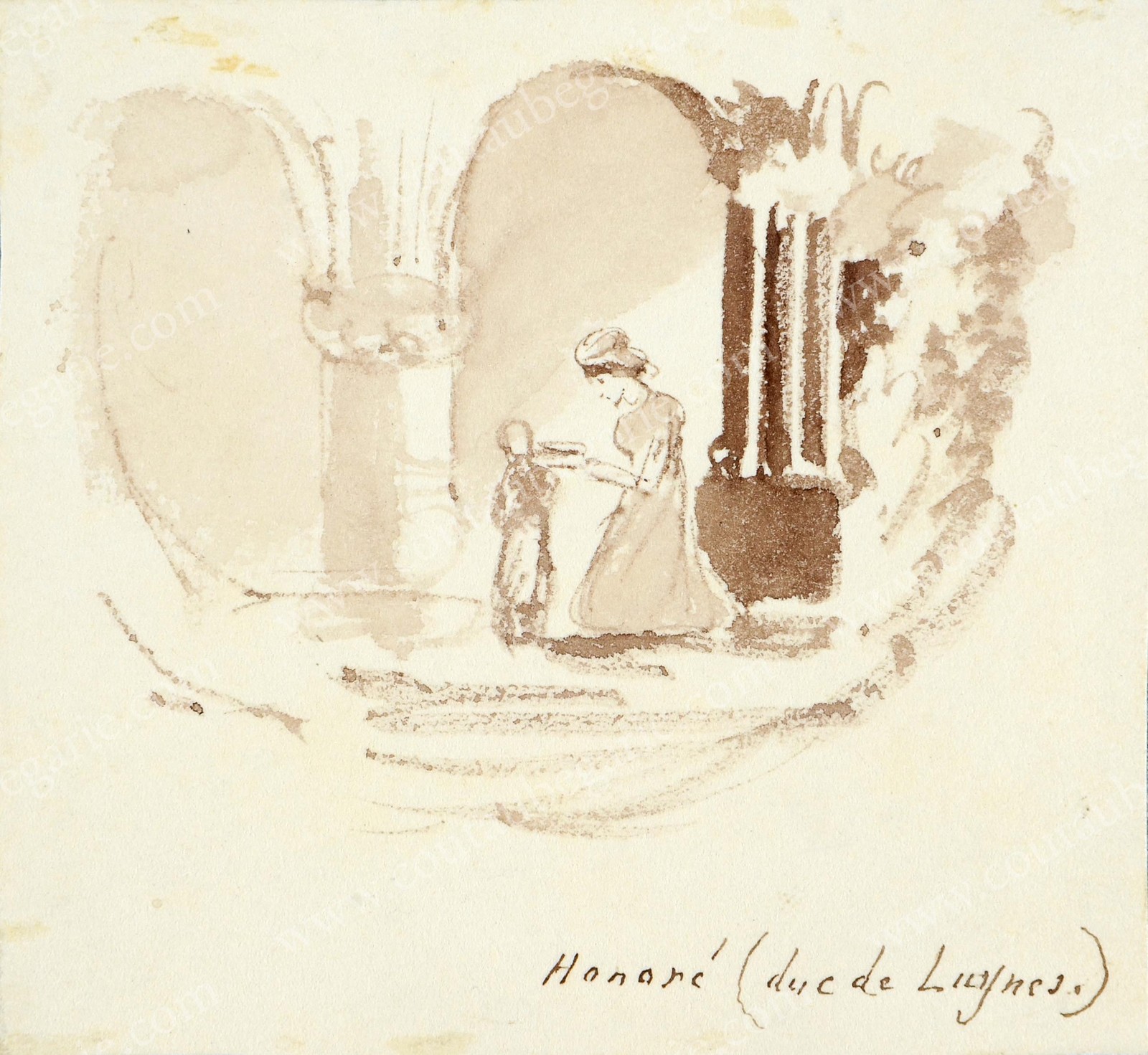 LUYNES Honoré duc de (1802-1867). Jeune femme et son fils. Dessin au lavis, signé en bas à droite.