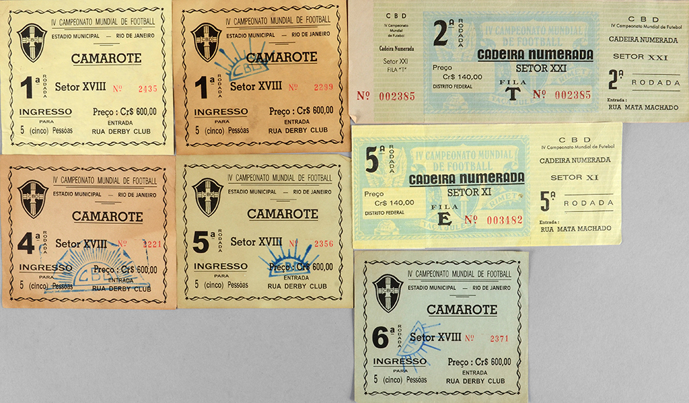 Lot de 5 billets de la Coupe du Monde 1950 au Brésil. Série 1.2.4.5.6. Différentes rencontres.