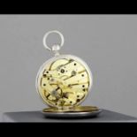 Silver open-faced pocket watch with silver-plated double cuvette and enameled dial. Double time zone