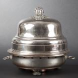 Circular silvered metal dish warmer. Mobile side handles affixed to radiant gadrooned motifs.