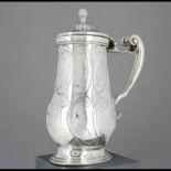 Baluster silver-plated toiletry pitcher atop small receptacle. Crook handle. Bud finial. Engraved