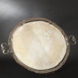 Large oval plated ware metal service tray with multi-lobed borders and thread moulding. Side handles