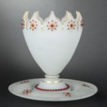 Multi-lobed opaline glass punch bowl atop a small pedestal accompanied with its stand. Decoration of