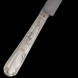 Twelve large knives and twelve cheese knives silver-mounted handles with iris decoration. Steel