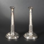 Pair of plated ware candlesticks atop moulded circular base. Decoration of palmettes and foliages.