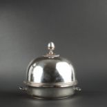 Plain plated ware dish warmer and cover. Side handles with mobile loops. Finial designed as acorn.