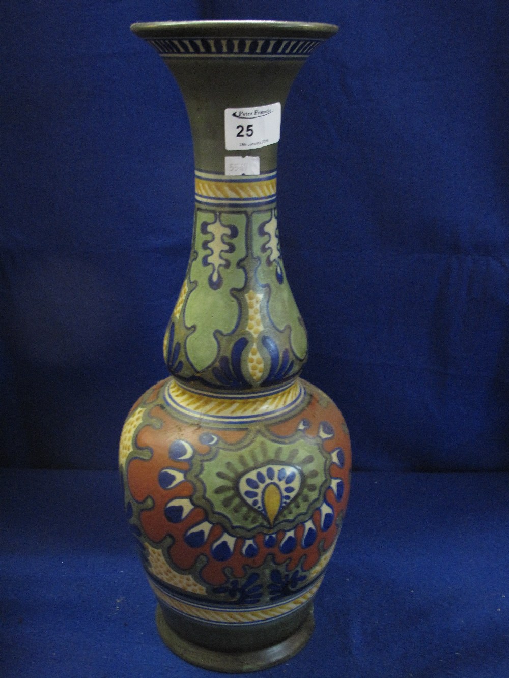 Early 20th century Dutch Rhodian art pottery baluster shaped vase with overall painted decoration