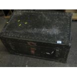 Metal bound travelling trunk with leathe