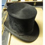 Vintage black top hat by Christys' London.  CONDITION REPORT; Hat is rather grubby, silk ripped to