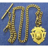 9ct gold watch chain with t-bar and fob.