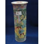 Chinese Canton porcelain cylinder vase, overall painted with figures on a predominantly yellow