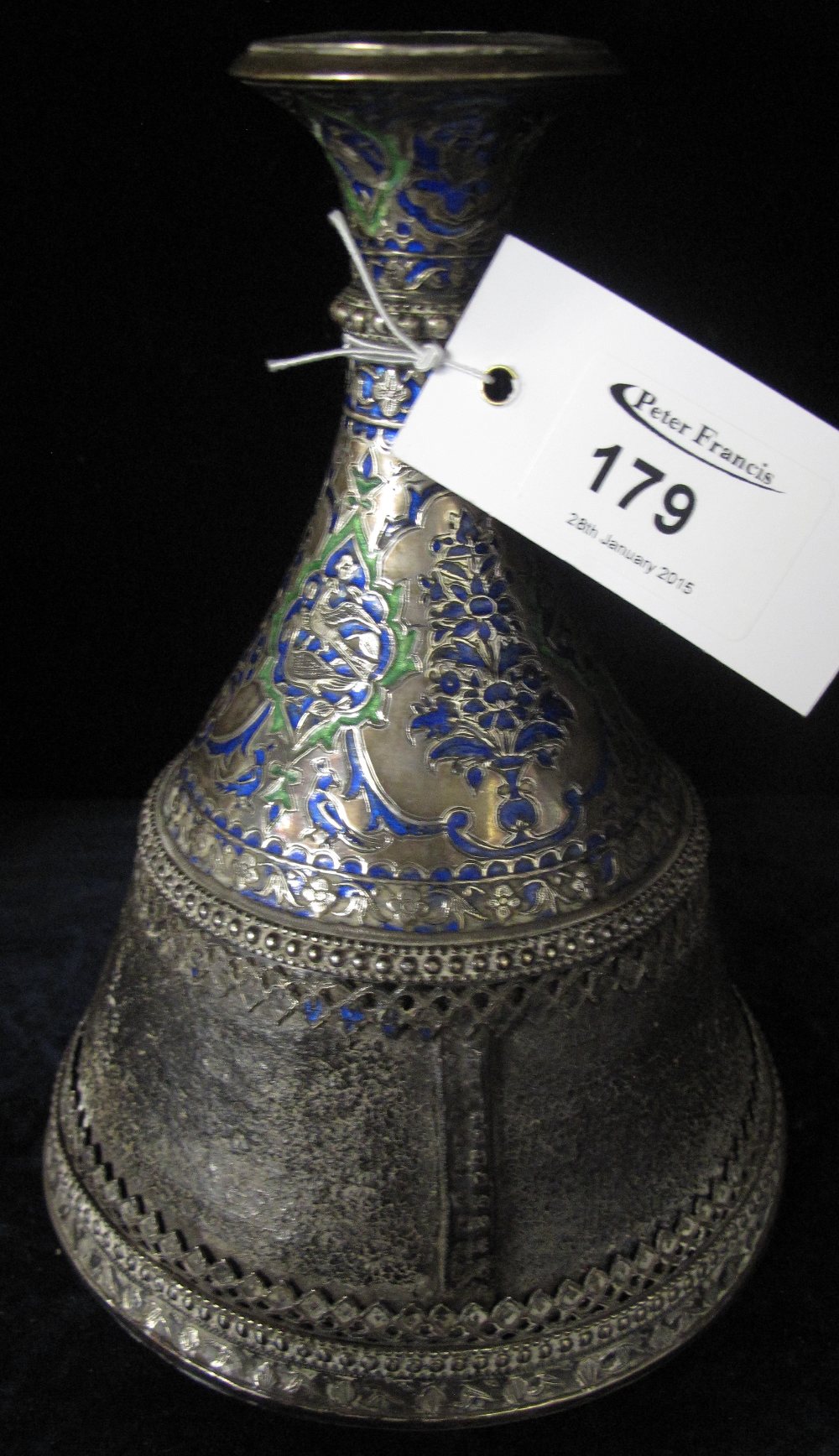 White metal, leather and enamel Persian flask/decanter.  CONDITION REPORT; Wear to plate (copper