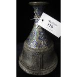 White metal, leather and enamel Persian flask/decanter.  CONDITION REPORT; Wear to plate (copper