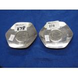 Pair of silver Jubilee coin set pin dish