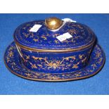 19th century dark blue enamel gilded bowl cover and stand, probably Middle Eastern.  CONDITION