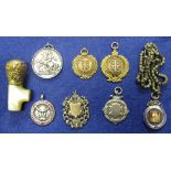 Box of assorted collectables to include 18ct gold mother of pearl knop, 9ct gold Durham Football