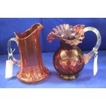 Victorian cranberry glass jug with baluster base and clear loop handle. Together with another