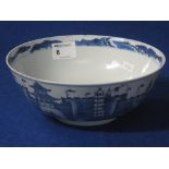 Chinese porcelain blue and white bowl, underglaze blue decorated with topographical scenes to the