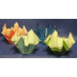 Group of 4 assorted coloured glass handkerchief type vases.  Mid 20th Century.