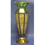 19th Century Bohemian gilded green glass faceted tapering baluster vase with raised painted and