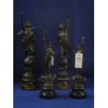 A pair of French bronzed spelter emblematic figures, 'La musique and Art', together with another