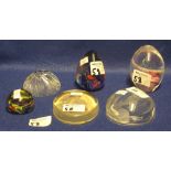 Group of six assorted modern paperweights of various forms and decoration. (6)