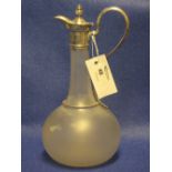 19th Century frosted glass mallet shaped claret jug with white metal engraved lidded mount and loop