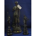 Large French bronzed spelter figure of a young woman together with a pair of smaller bronzed
