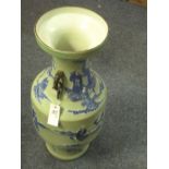 Large Chinese porcelain baluster shaped two handled vase decorated with blue and white relief figure