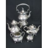 MAPPIN AND WEBB PRINCESS PLATE FIVE PIECE TEA AND COFFEE SET comprising teapot, coffee pot, spirit