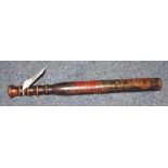 A VICTORIAN TURNED WOODEN POLYCHROME DECORATED POLICEMAN'S TRUNCHEON with crown over Coat of Arms