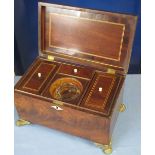 EARLY 19th CENTURY FLAME MAHOGANY RECTANGULAR TEA CADDY, the interior revealing three lidded