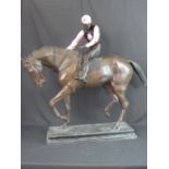 AFTER BONHEUR, A PATINATED BRONZE STUDY OF MOUNTED JOCKEY WITH ENAMEL COLOURED SILKS ON