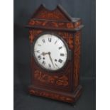 19th CENTURY DUTCH MARQUETRY ARCHITECTURAL TWO TRAIN MANTLE CLOCK, the mahogany case overall foliate