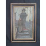 BELGIAN SCHOOL (Late 19th Century)
Woman on Monastery steps.  Oils on canvas.  29" x 17.5" (74 x