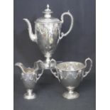 VICTORIAN SILVER THREE PIECE COFFEE SET comprising coffee pot, cream jug and two handled sucrier,