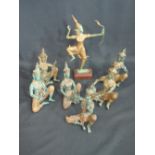 A GROUP OF THAI GILDED VERDIGRIS BRONZE FIGURES OF SEATED MUSICIANS PLAYING VARIOUS INSTRUMENTS,