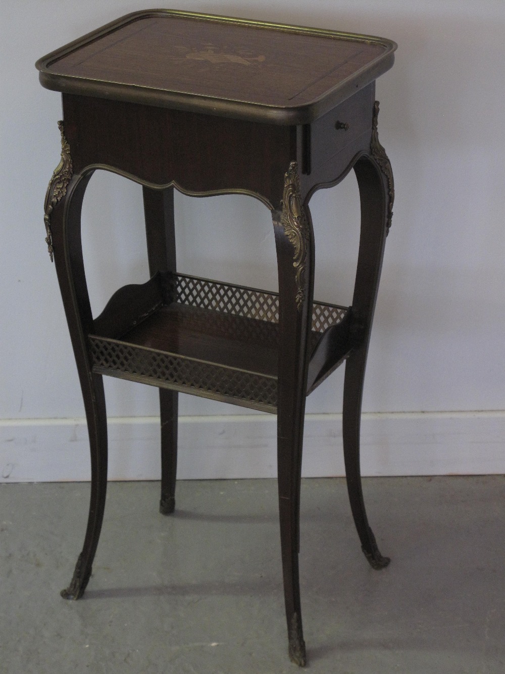 19th CENTURY FRENCH STYLE INLAID MAHOGANY AND ROSEWOOD TWO TIER ETAGERE, the top with inlaid musical