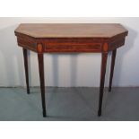 EARLY 19TH CENTURY MAHOGANY SATIN WOOD BANDED HALF OCTAGONAL FOLD-OVER CARD TABLE, the top with