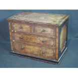 19th CENTURY RECTANGULAR BURR ELM MINIATURE CHEST OF TWO SHORT AND TWO LONG DRAWERS, standing on a