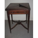 LATE VICTORIAN INLAID ROSEWOOD ENVELOPE TOPPED CARD TABLE, the top inlaid with figural and foliate